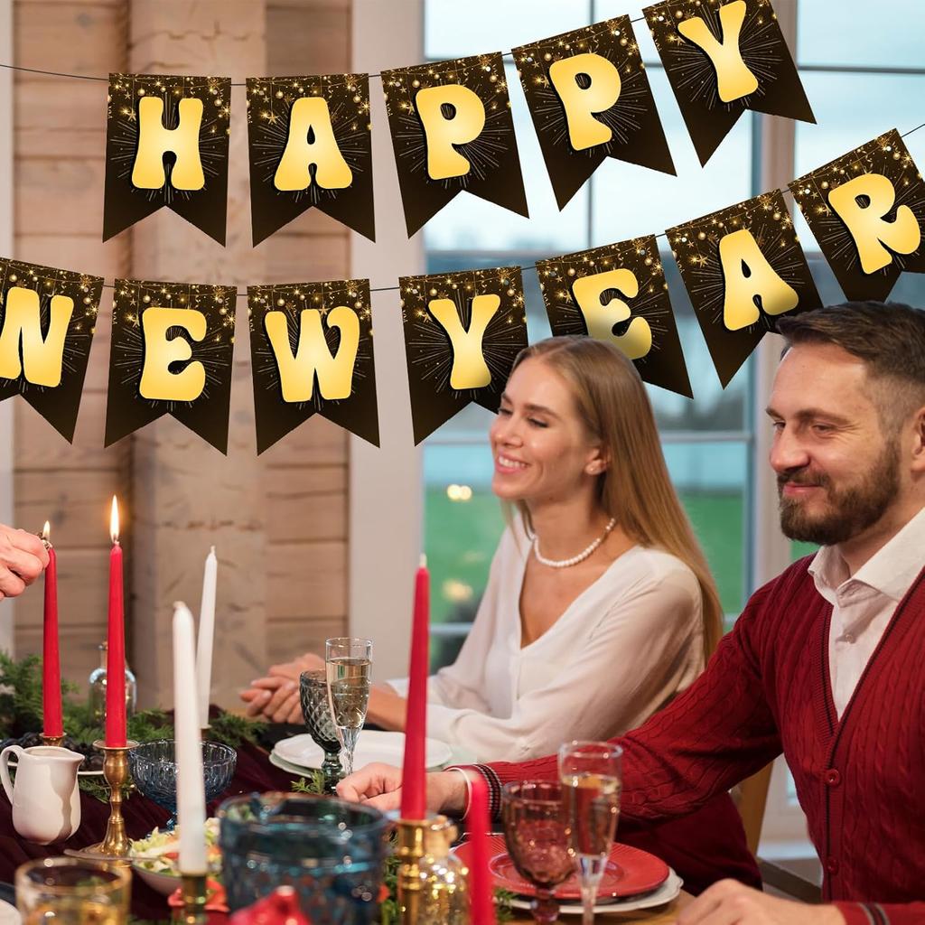 Happy New Year 2026 Banner - Black and Gold Metallic Hanging Bunting Sign with Lettering for New Years Eve Party Decor, Holiday Celebration Backdrop
