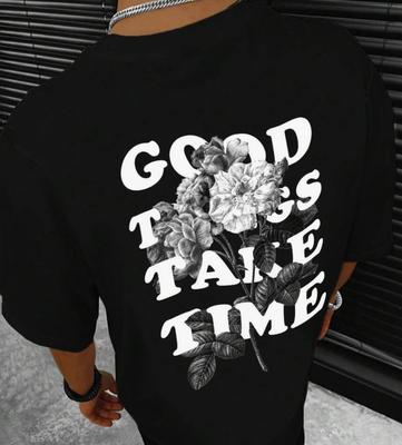 Unisexs Flower And Slogan Pattern Shoulder Down Tshirt Fashionable Simple Retro Couple Clothes