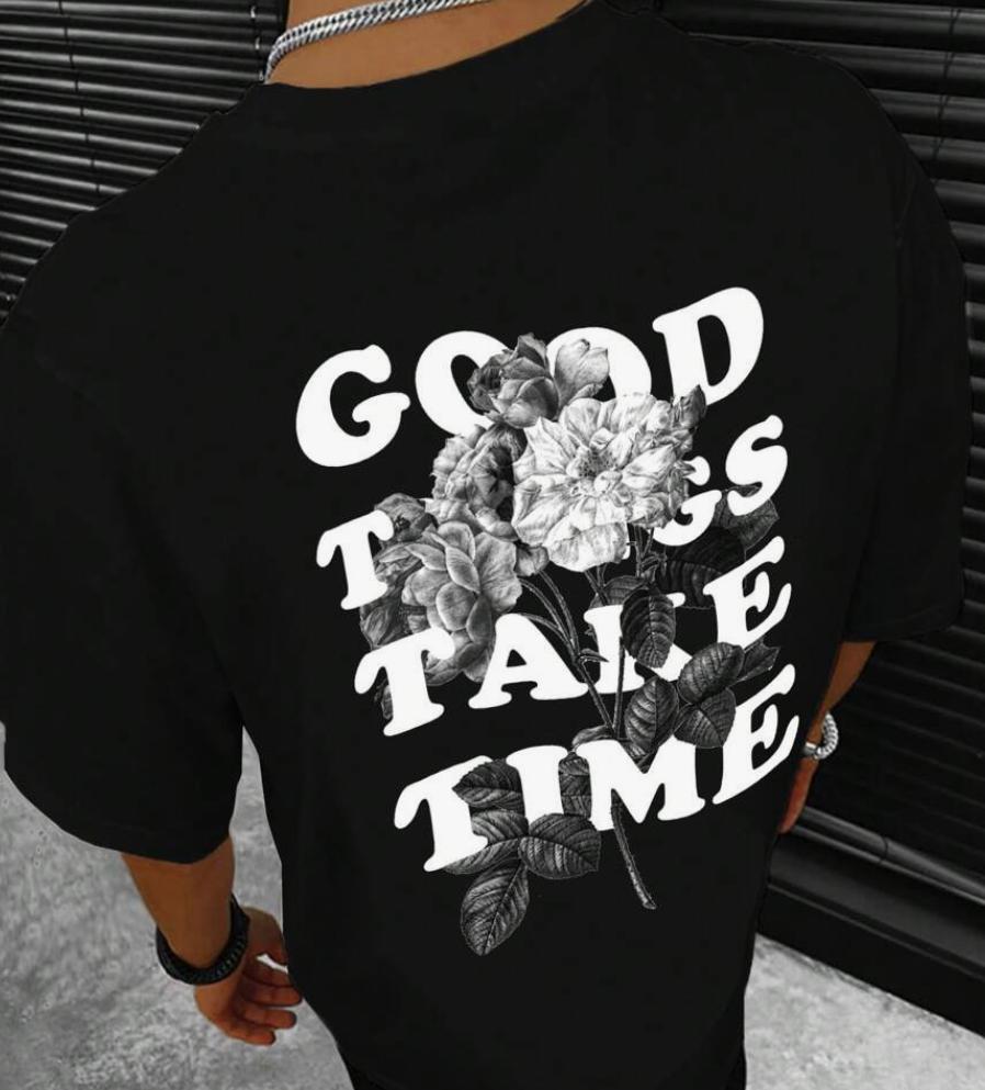 Unisexs Flower And Slogan Pattern Shoulder Down Tshirt Fashionable Simple Retro Couple Clothes