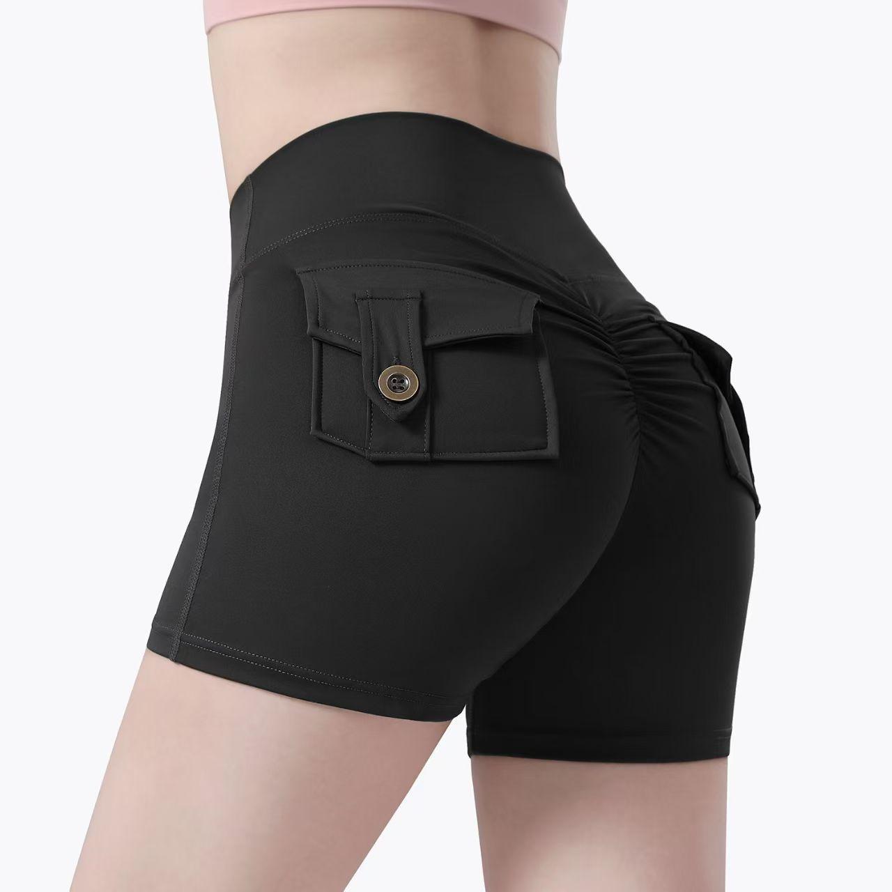 

Fitness sports tooling shorts women s high waist tight body hip lift pocket three-point pants nude yoga shorts s [recommended 47.5-55kg ] чёрный