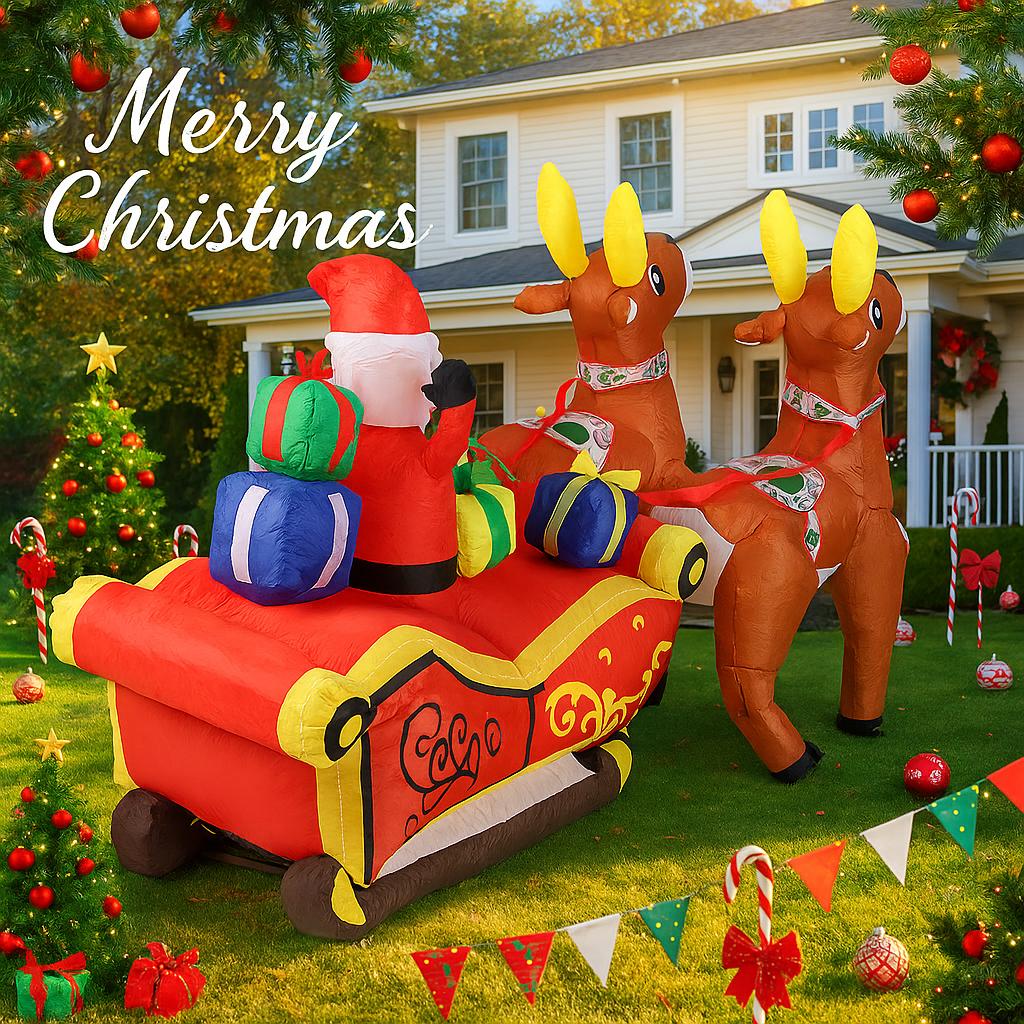 8.2FT Inflatable Toy Santa Sleigh Reindeer Gift Bag Xmas Yard Lawn Party Decoration LED Lit Christmas Home Supplies Ornament