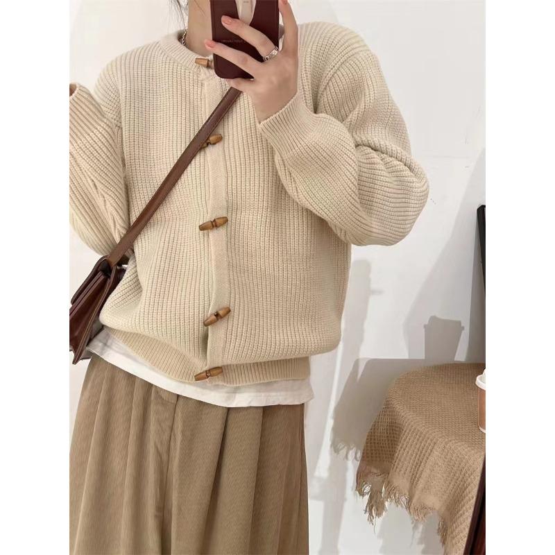 Corner button sweater cardigan new spring and autumn retro niche simple style thin loose coat women's top