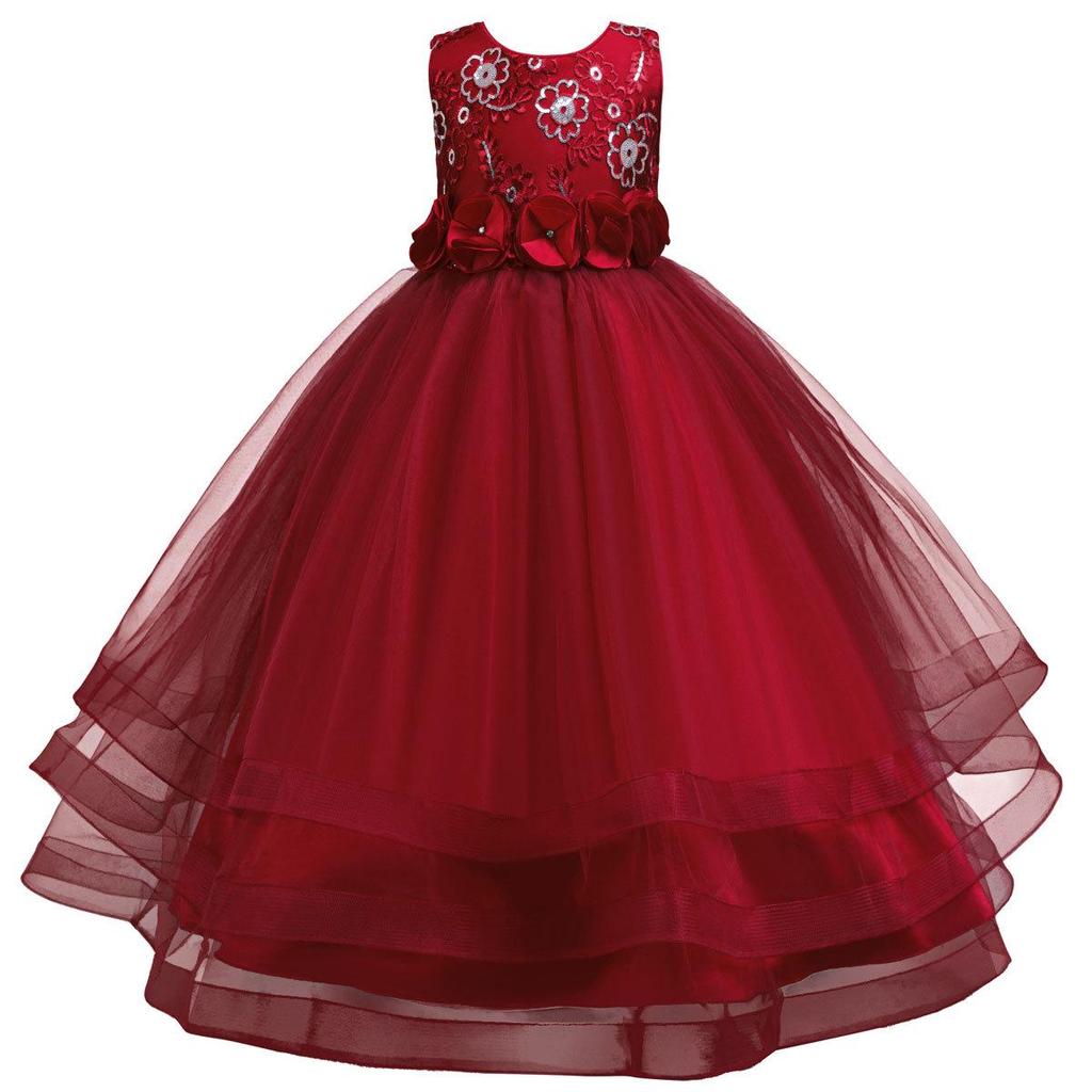 Girls' Red Embroidered Long Evening Dress - Christmas Princess & Performance Outfit