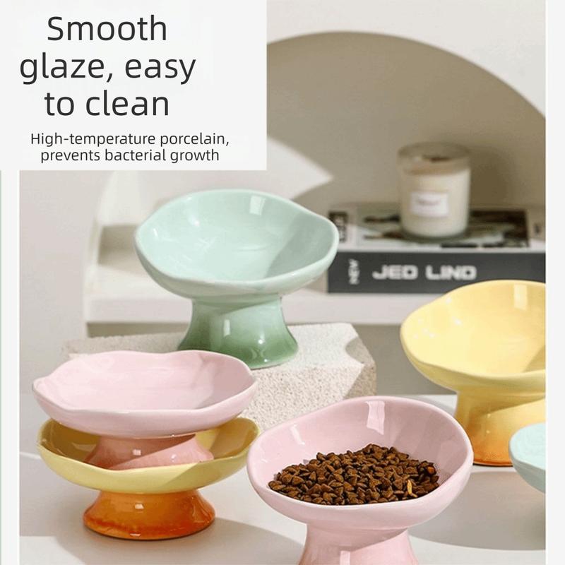 Flower Shape Ceramic Cat Bowl Anti-Tip Tall Footed Elevated Cat Bowl Oblique Mouth Anti-Slip Raised Pet Bowl Small Dogs