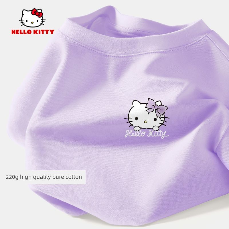 Hello Kitty Girls' Short-Sleeved T-Shirt Summer Pink Children's Base Shirt Pure Cotton Heavyweight Girls' Summer Top