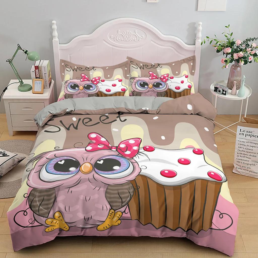 Cartoon Owl Duvet Cover Cute Night Animal For Kids Boys Girls Gifts Owl And Koala Tribal Feather Style Green Bedroom Decorations