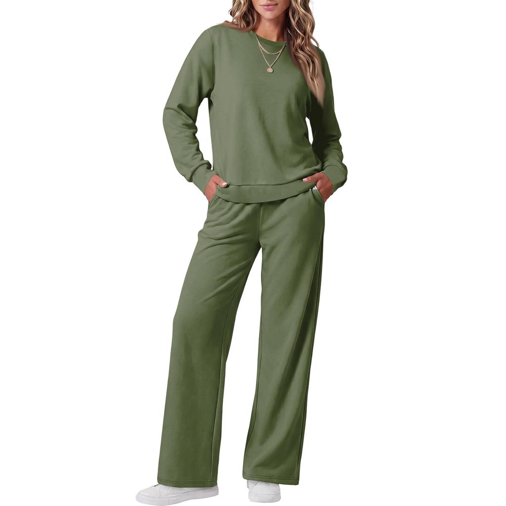 Women's Casual Round Neck Loose Fit Color Sweatshirt and Jogger Pants Set