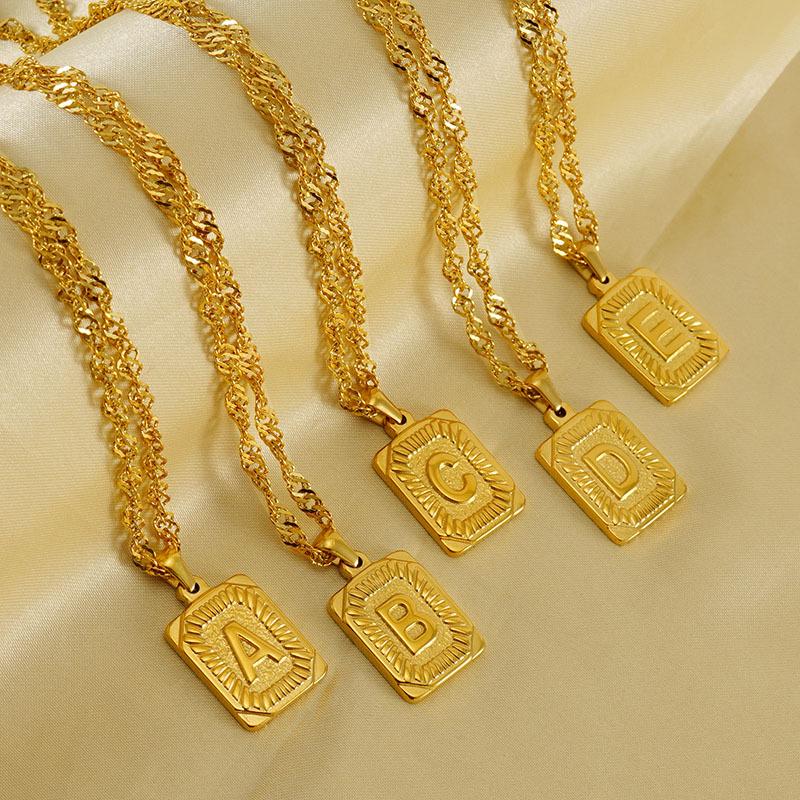 Men's 18K Gold Square Stainless Steel Alphabet Pendant Necklace