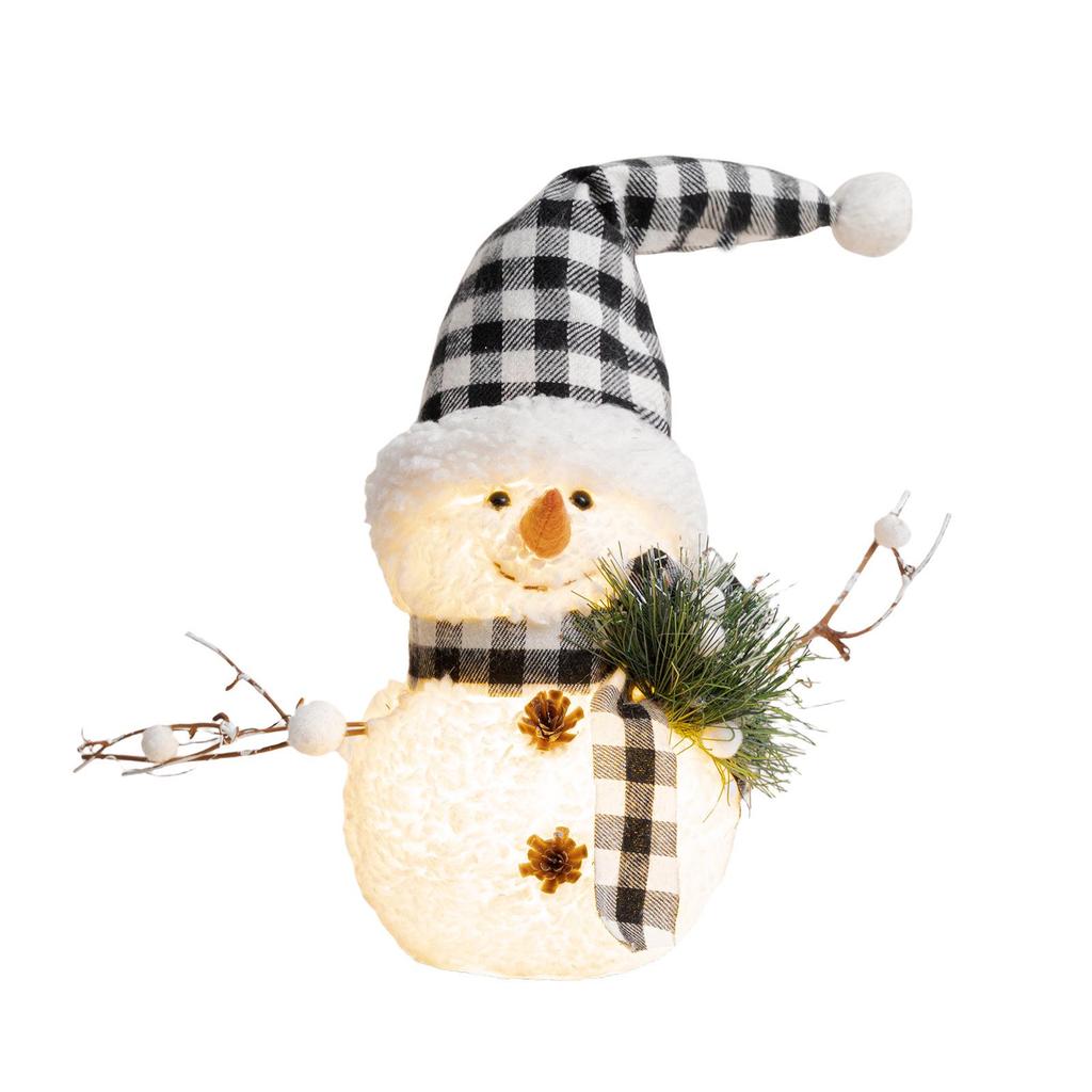 Christmas Luminous Snowman Ornament with Black & White Plaid Scarf Hat