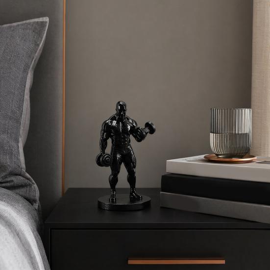 3D Printed Weightlifter Ornament, Black Statue Muscular Man Figurine, with Dumbbells Gym Tabletop Sculpture Gift for People Love Fitness