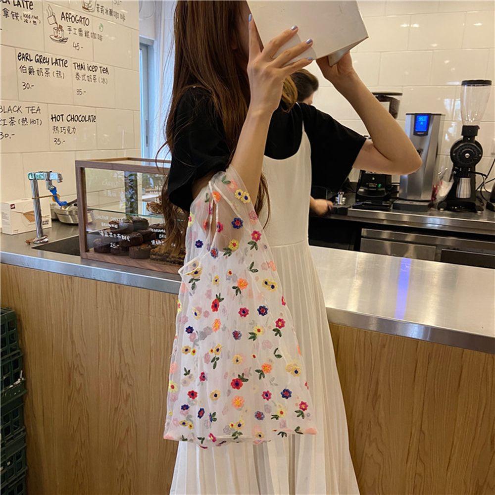 Women Transparent Tote Organza Yarn Cloth Beach Bag Embroidery Handbag Eco Clear Hand Bags Purse Girls Mesh Floral Shopping Bag