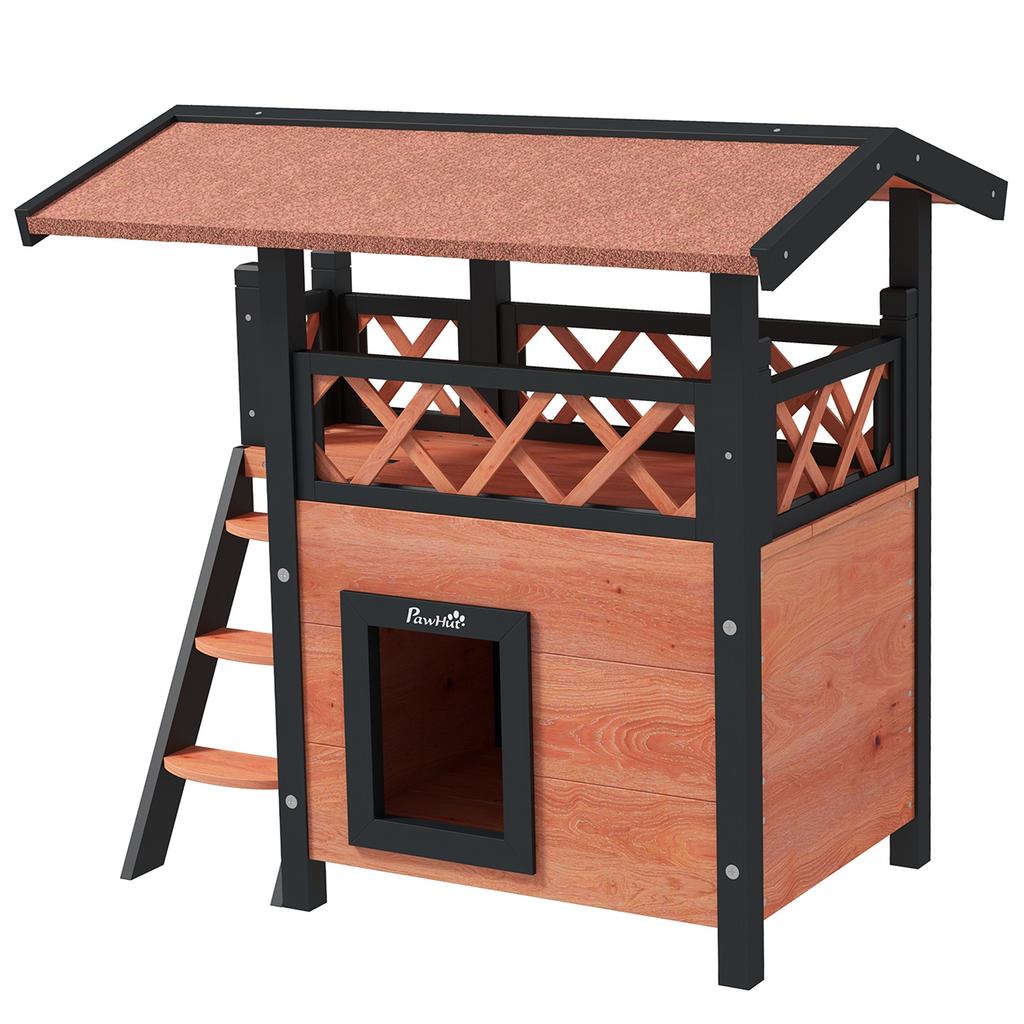 Cat House Outdoor W/ Balcony Stairs Roof, 77 X 50 X 73 Cm, Brown