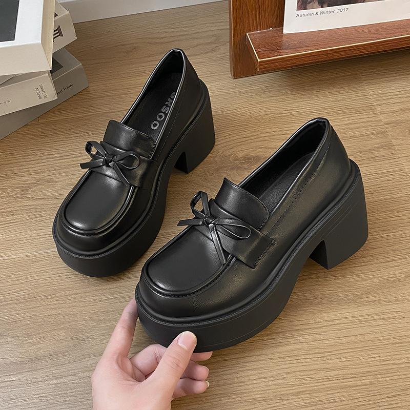 

Japanese jk uniform high-heeled Mary Jane small leather shoes women s British style spring 2025 new platform heightening loafers 40 чёрный