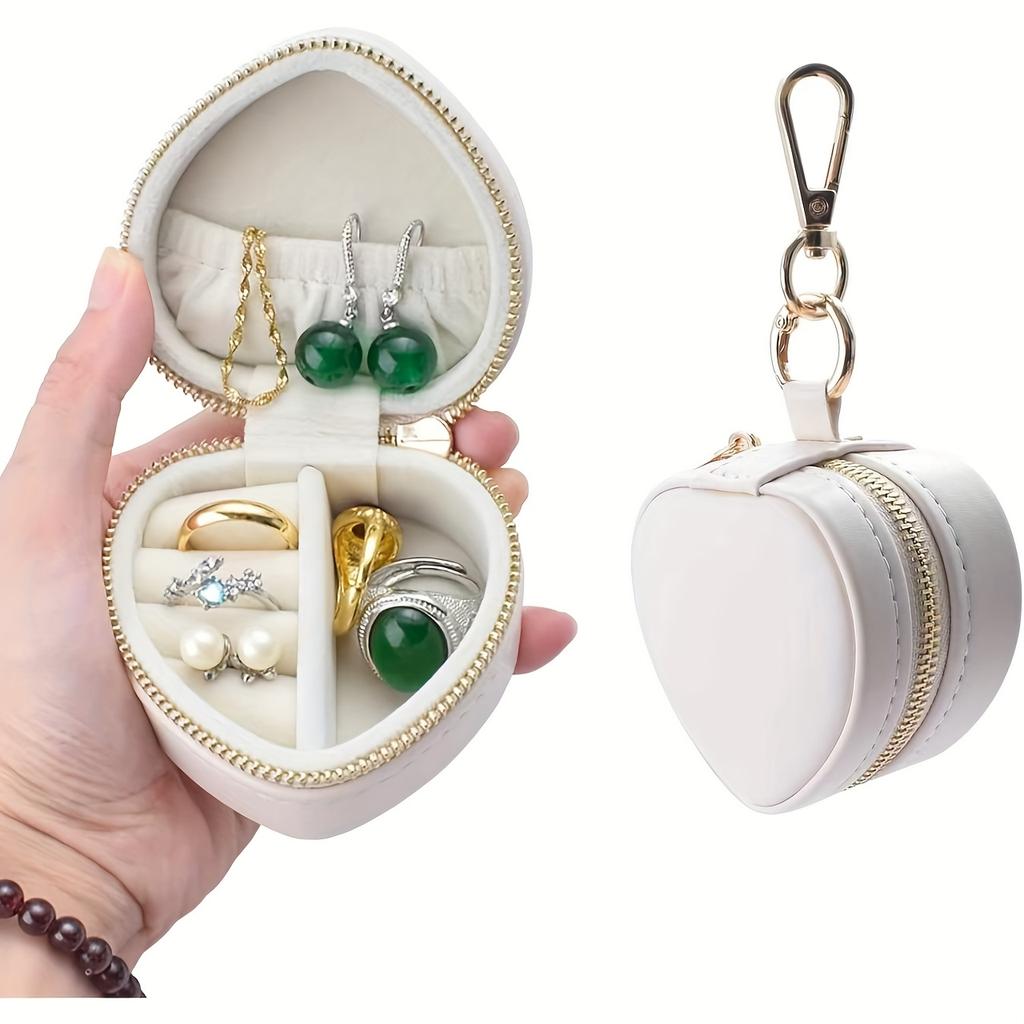 BOOVO 1pc Mini Jewelry Box, Heart-Shaped Jewelry Organizer with Keychain, Zipper Closure, Portable Jewelry Box, Jewelry Boxes