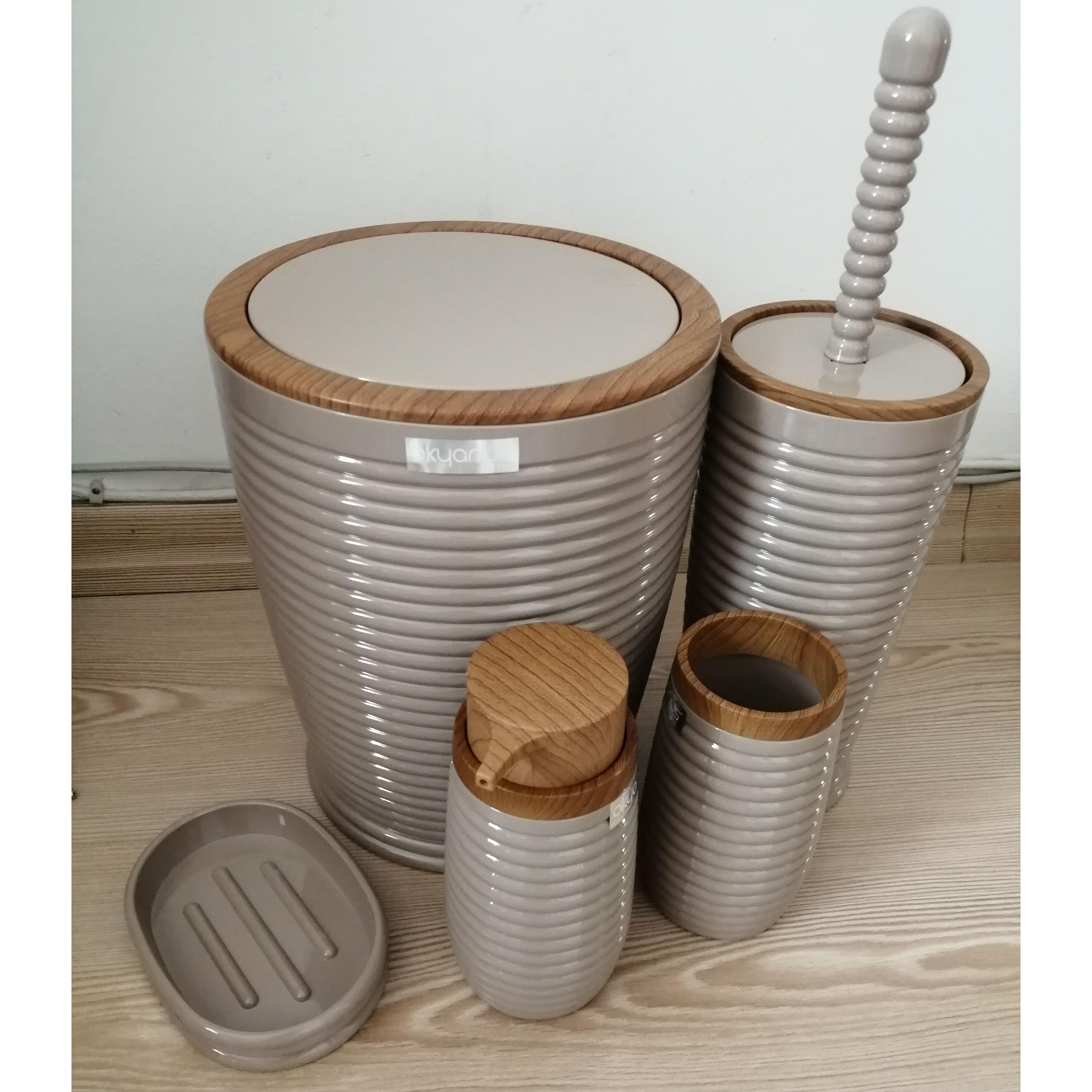 Wanym Badezimmer Set 8-teilig In Beige - Komplettset Mit Mülleimer, Seifenspender & Zahnbürstenhalter