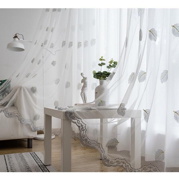 Nordic Style Leaf Embroidery Curtain Window Screen White Yarn Half Blackout Curtain Bedroom Curtain Balcony Yarn