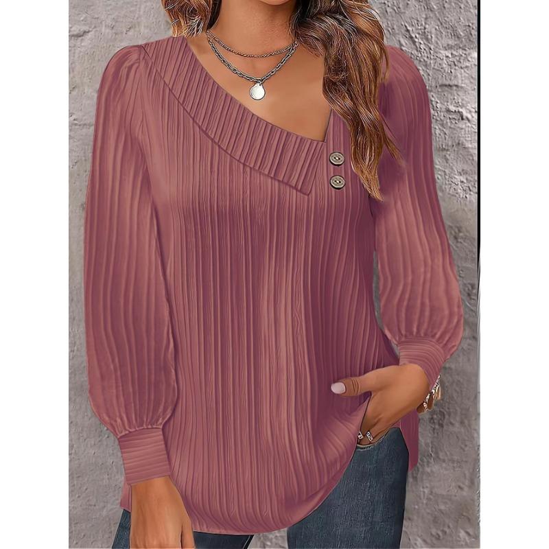 

Весенне-осенняя женская блузка, простая плиссированная блузка с v-образным вырезом и пуговицами, однотонный топ с длинными рукавами M розовый