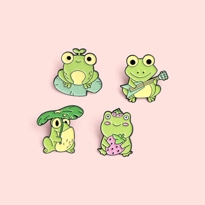 Frog Cute Unique Playing Music Brooch Beautiful Strawberry Accented Pin Alloy