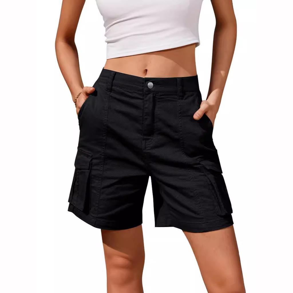 Women Cargo Shorts Knee Length Elastic Waist Long Shorts Pants Summer Casual Streetwear