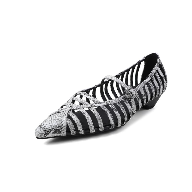 Fashion New Women's Genuine Leather Cowhide Hollow Breathable Elastic Buckle with Middle Heel and Toe Cap Roman Sandals