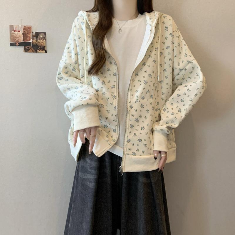 

Реальное фото хлопковый свитер с цветочным принтом женский сезон тонкий новый свободный ленивый стиль универсальная толстовка с капюшоном 2XL