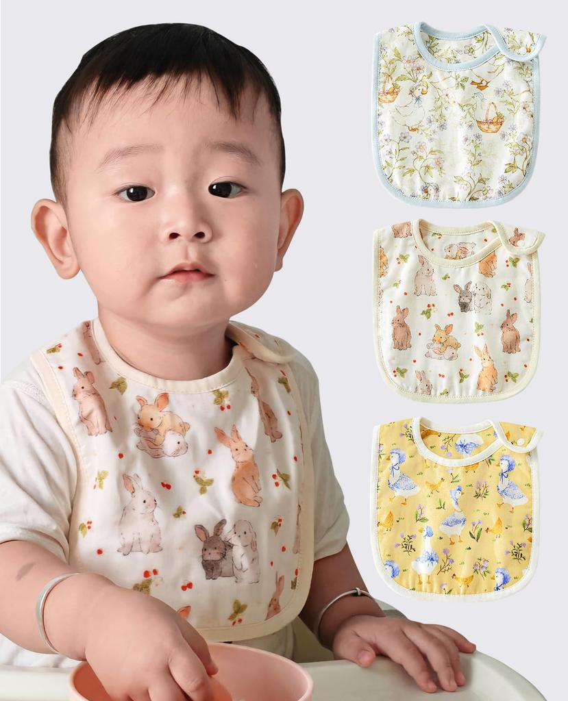 Hapipana Baby Snap Baby Shower Gift for Newborns and Bib, U-Shaped, 100% Cotton, 6-Layer Gauze, Double-Sided, Soft, Buttons, Apron, (Rabbit, Goose,