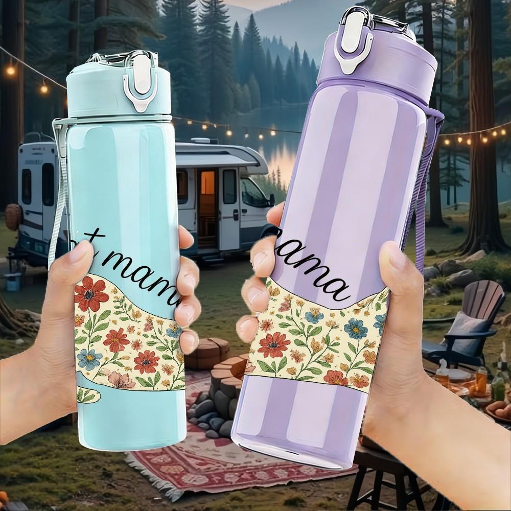 1PC Floral Cat Mama Letter Art 750ml Color Plastic Sports Water Bottle Leakproof Flip Straw Lid Suitable for Sports Office Home Use
