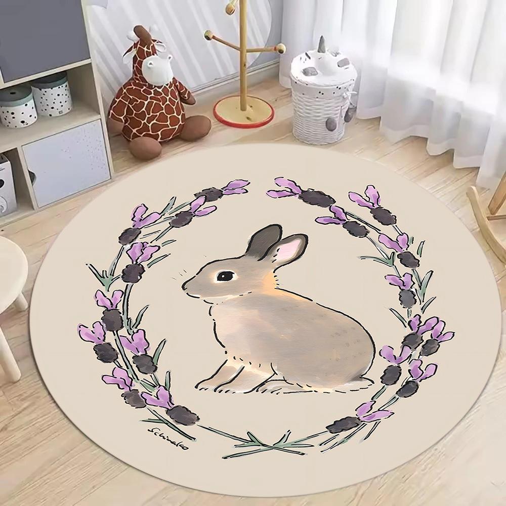 Cute Rabbit Pattern Round Rug Bunny Print Easter Carpet Girly Kids Play Soft Non-Slip Mat Holiday Home Decor Rug for Living Room