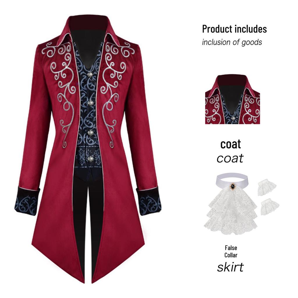 Men's Silver-Edged Medieval Tailcoat Costume, Retro Mid-Length Style