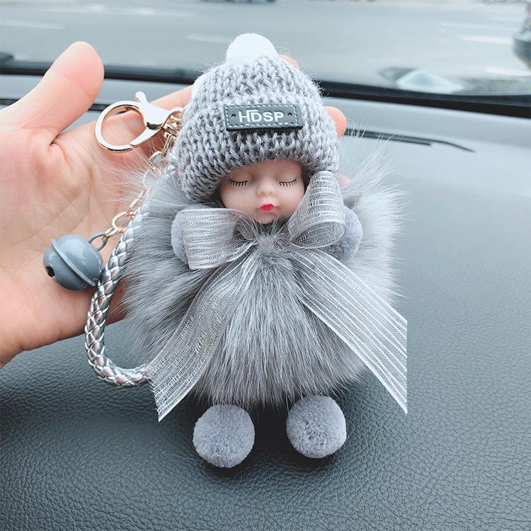Korean Bow Keychain: Squinting Doll with Fox Fur Pendant - A Unique Japanese and Korean Gift