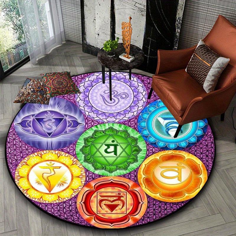 Vibrant Chakra Healing Meditation Round Area Rug, Mandala Pattern Non Slip Floor Mat for Yoga Home Bedroom and Outdoor Decor
