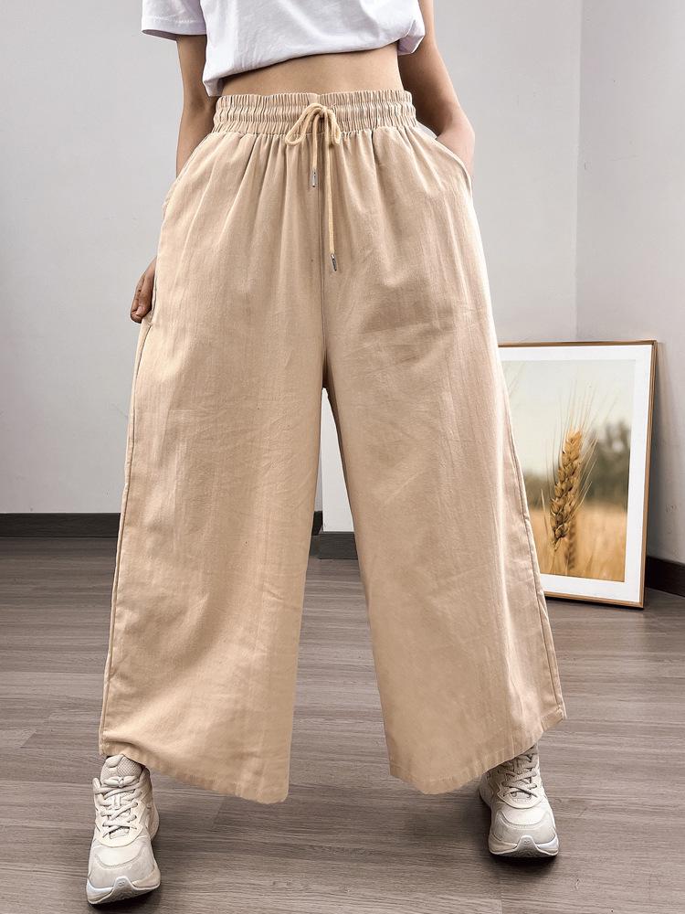 Southeast Asia Women's Casual Loose Ramie Culottes - Wide-Leg All-Cotton Slimming Pants, Eight-Point Length