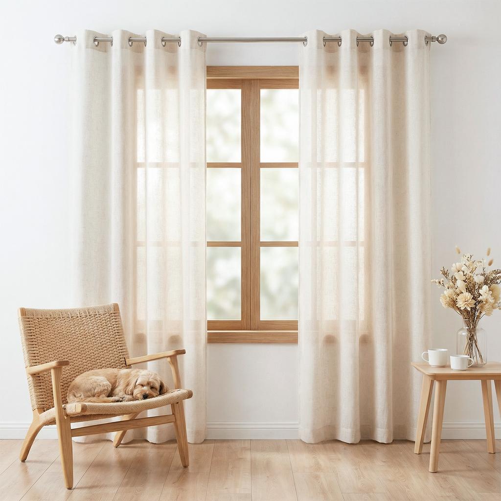 Linen Sheer Curtains 161-171CM Length Natural Beige Sheer Curtains for Living Room Bedroom Light Filtering Window Curtain Panels