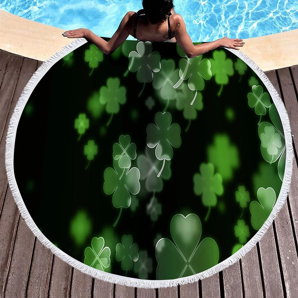 Lucky Clover Round Beach Towels,Soft Lightweight Sand Free Happy St. Patrick's Day Beach Blanket,Spring Botanical Leaves Towel