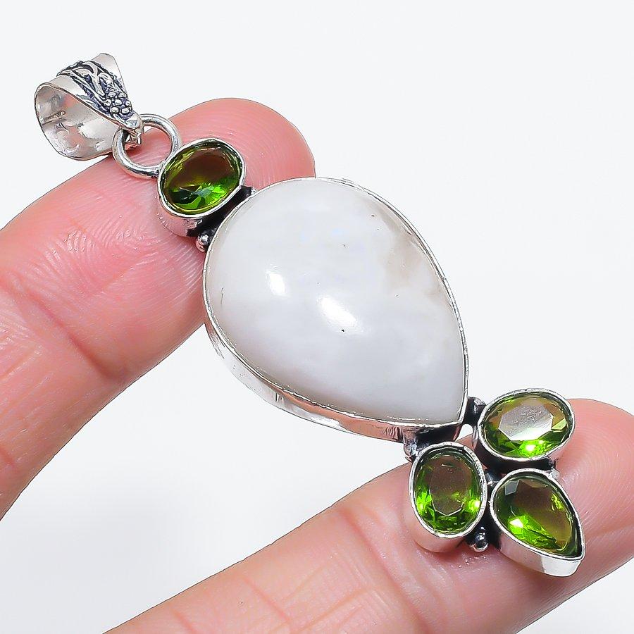 Natural Moonstone, Peridot 925 Sterling Silver Jewelry Pendant 2.64" Q7R27