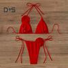 2Pcs/Set Women Bikini Set Lace-up Halter Padded Bra Swimming Trunks Set 3D Flower Decor Beach Style Swimwear