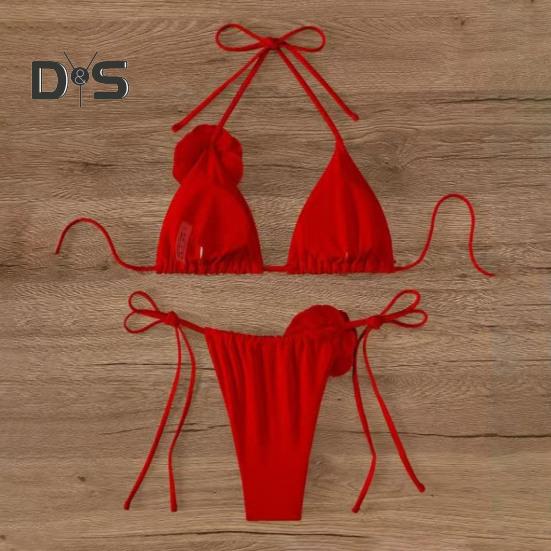 2Pcs/Set Women Bikini Set Lace-up Halter Padded Bra Swimming Trunks Set 3D Flower Decor Beach Style Swimwear
