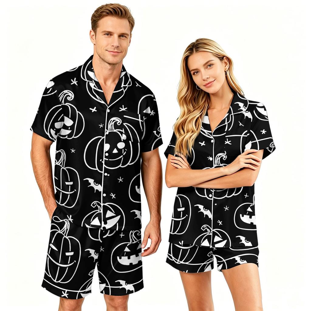 Couple Halloween Pajama Set Short Sleeve Button Down Shirt with Shorts Casual Soft Sleepwear S-XXXXL Matching Loungewear Set