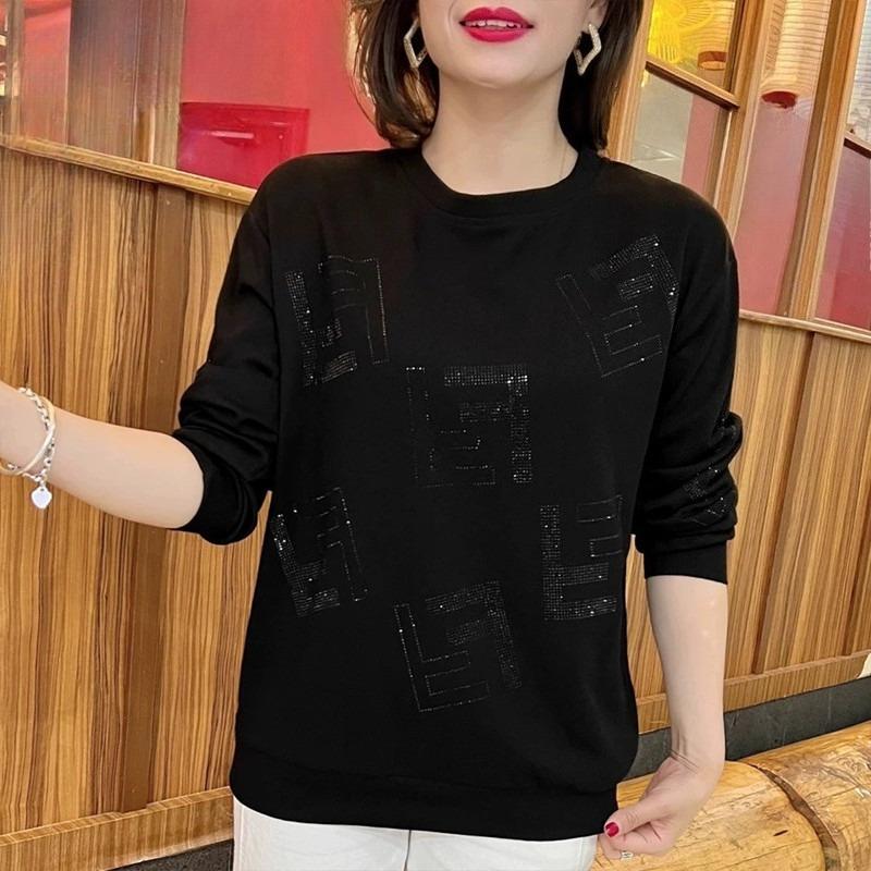 Spring and Autumn New Mom Dress Crew Neck Printed Bottom Shirt Long Sleeve Sweater Women's T-Shirt Women's Top