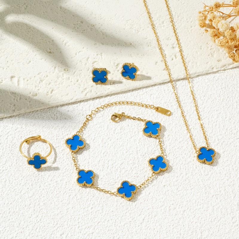 Stainless Steel Four Leaf Clover Jewelry Set Necklace Bracelet Earrings Ring Women Fashion Floral Gift