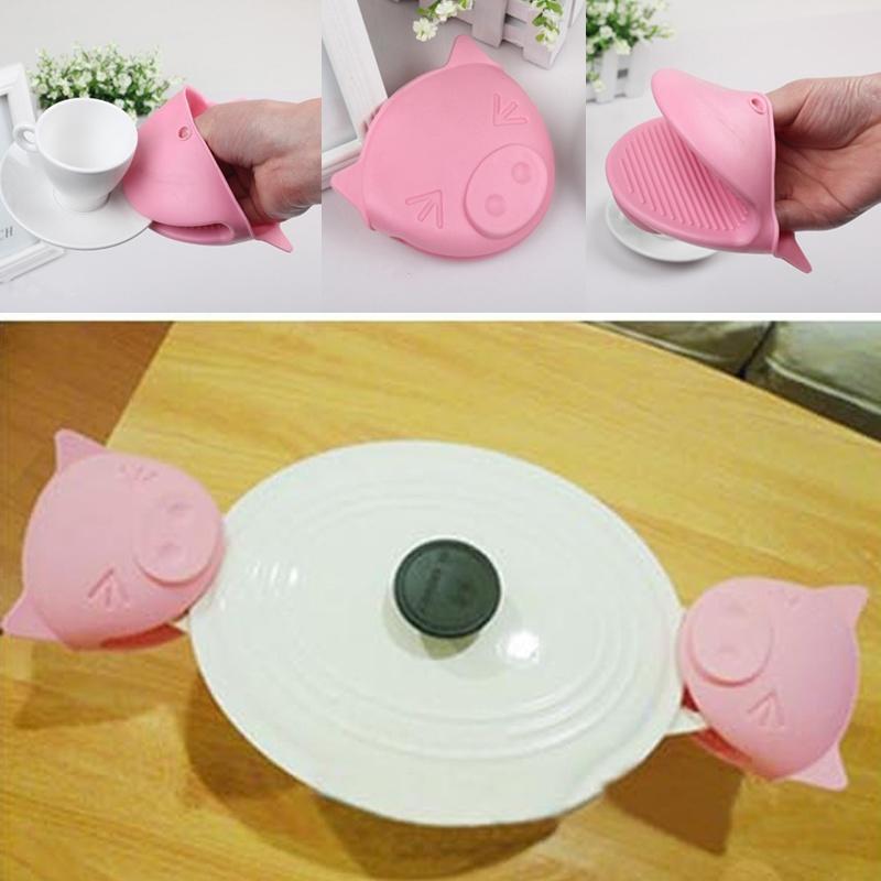 Pig Shape Kitchen Silicone Gloves Anti-hot Microwave Oven Insulation Mitts@+