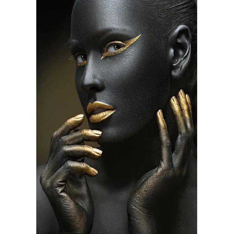 African Art Black and Gold Woman Oil Painting On Canvas Picture for Living Room Contemplator Posters and Prints Scandinavian
