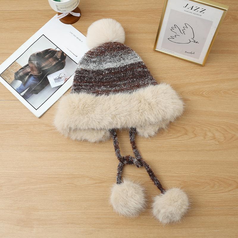 Cute Fur Ball Plush Warm Hat In Autumn and Winter Versatile National Style Plus Velvet Thickened Pullover Hat Outdoor Cold Proof Ear Protection Hat
