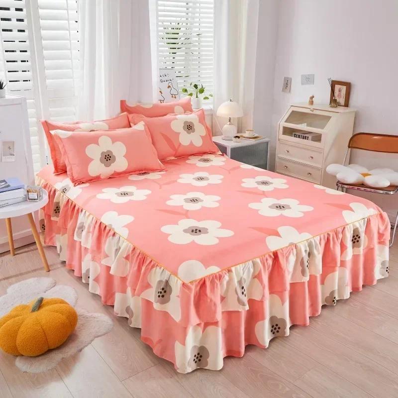 1PC Bed Skirt Cartoon Style Bed Cover Ruffled Bedsheet Falda De Cama Quilted Mattress Covers Lace Bedspread (No Pillowcase)