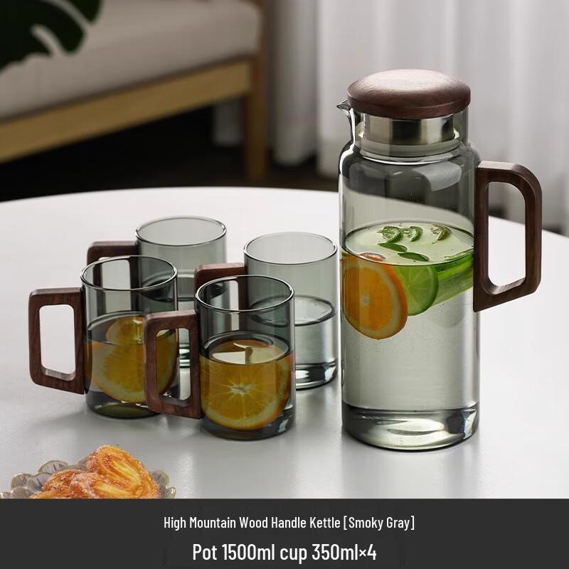 Uoto Glass Cold Water Pitcher with Wooden Handle & Tea Cups Set
