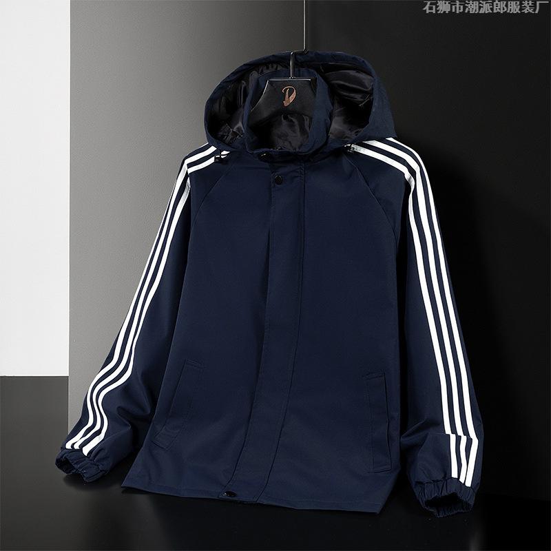 Men's Jacket New Spring and Autumn Trendy Brand Hooded Jacket Three-bar Trendy Sports and Casual Top Autumn Clothes