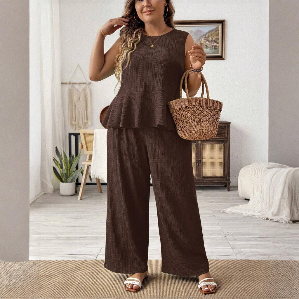 Damski letni casualowy modny top bez rękawów w dużym rozmiarze, luźny i wygodny, spodnie z szerokimi nogawkami, zestaw dwuczęściowy