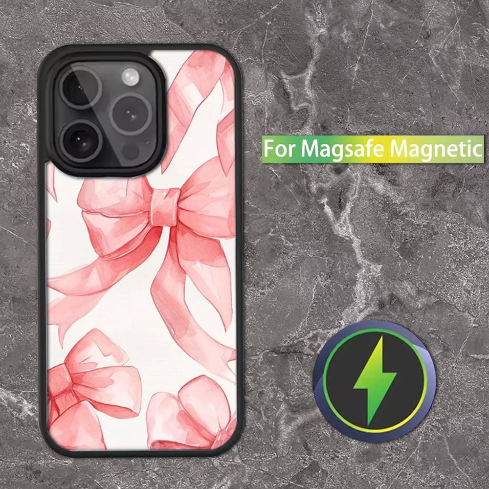 Korean Cute Pink Bow Phone Case For iPhone 17,16,15,14,13,12,11,Pro,Max,Plus,Mini,SE Magsafe Magnetic Wireless Charging