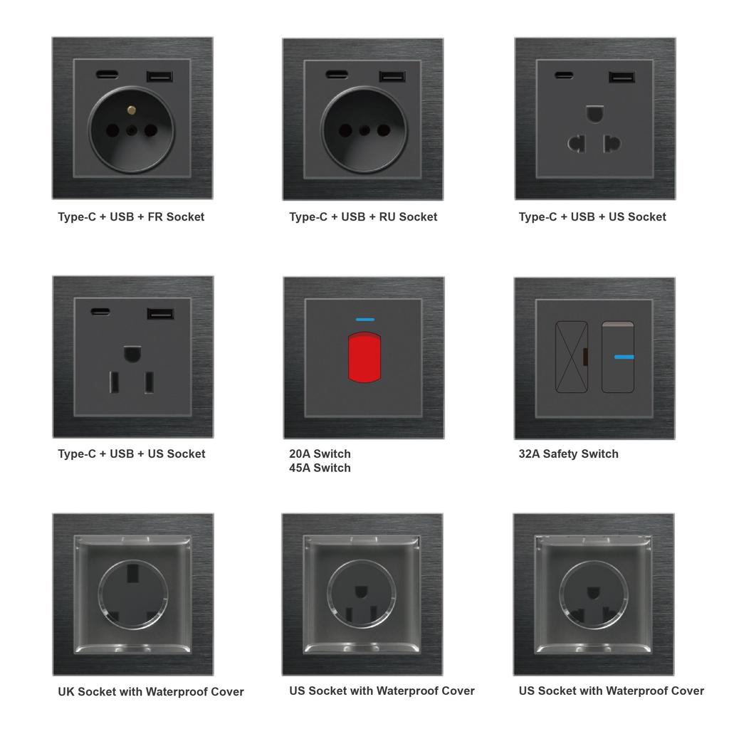 Hot Selling Luxury Metal Stainless Steel Alloy Brushed Coffee Color Wall Switch Eu FR UK Socket Reset Button Switch Electrical
