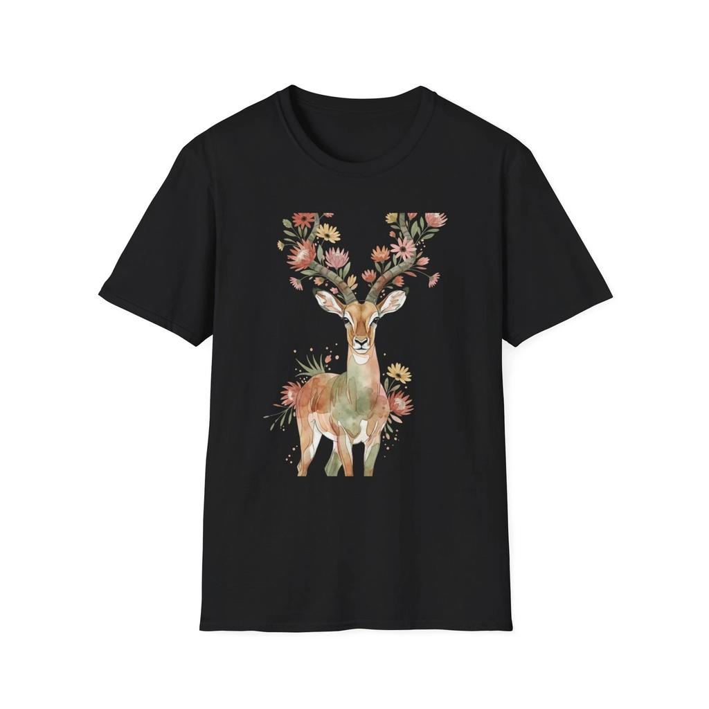 Deer Floral Watercolor Boho Black Tee Nature Aesthetic Graphic T-Shirt
